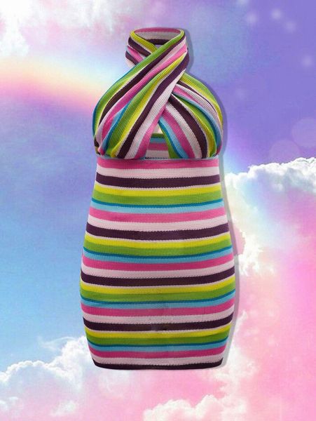 

plus halter neck criss cross striped bodycon dress p1cn#, Black