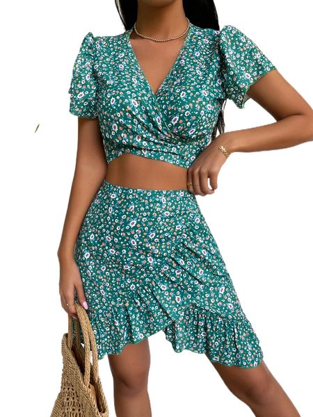 

ditsy floral tie back crop & wrap ruffle hem skirt i0g2#, White