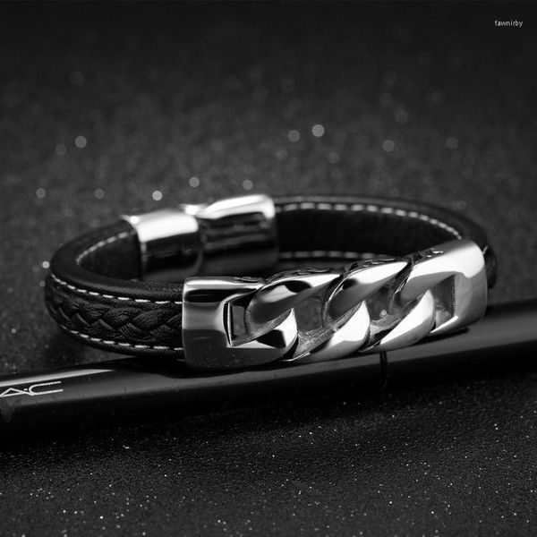 Perlen Stränge Mode Männer Schwarz Leder Armband Edelstahl Armbänder Armreifen Für Mann Punk Schmuck Großhandel Fawn22