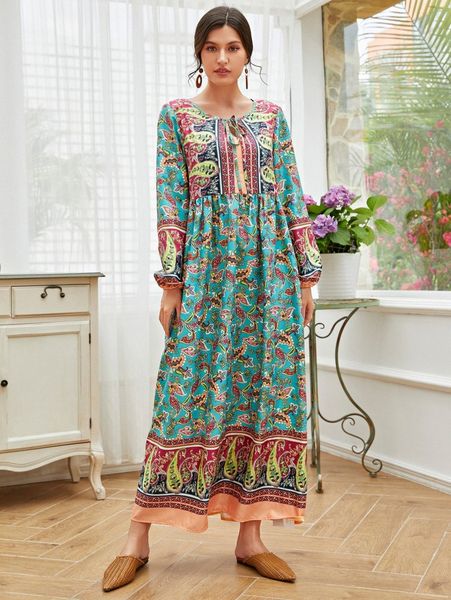 

tie neck allover print smock dress h2zn#, Black;gray