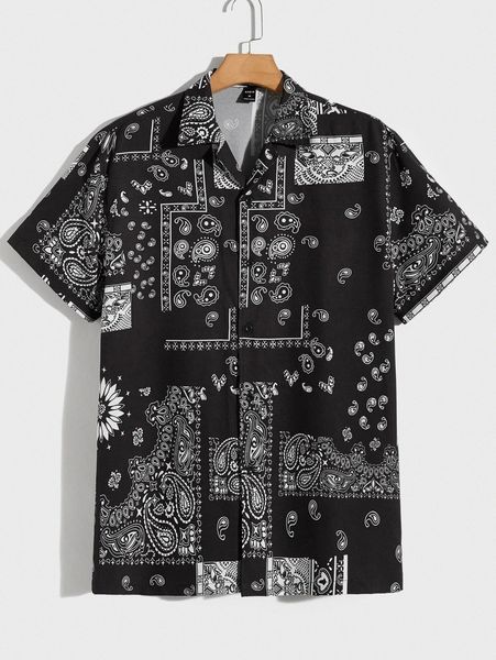 

men paisley print button front shirt 505z#, White;black