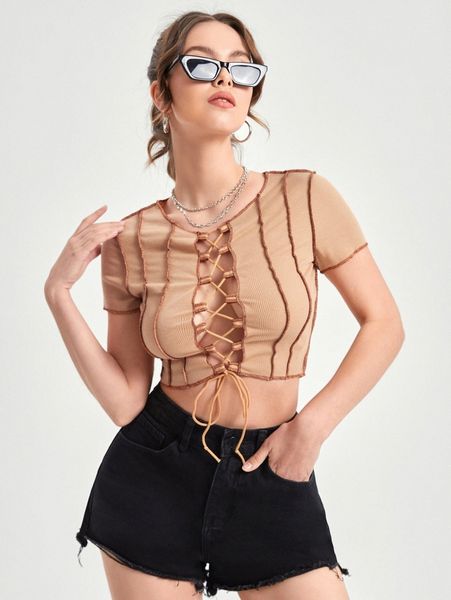 

lace up seam crop tee q4be#, White