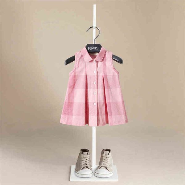 New Fashion 0-5Y Kids Girls Abito camicia scozzese rosa Primavera Estate Vestiti per bambini Abito senza maniche con risvolto con bottoni Abiti per bambini G220506