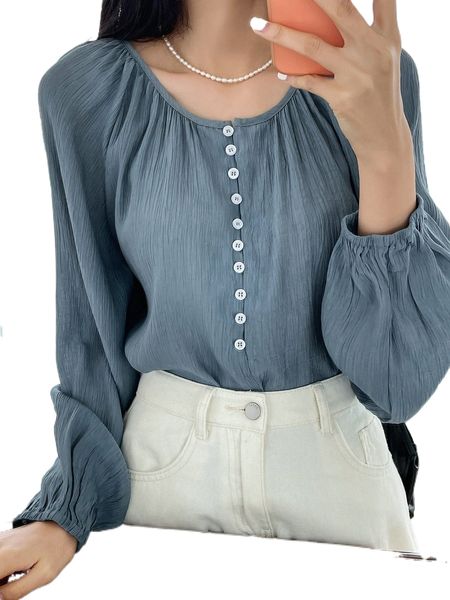 

dazy solid button front bishop sleeve blouse 47c9#, White