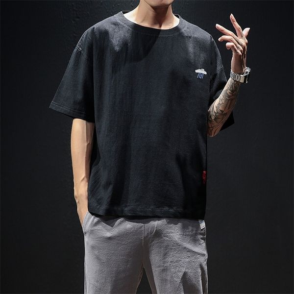 

lifenwenna summer men's t shirt casual oversized linen short sleeve t shirts men fashion simple design o neck hip hop 220506, White;black