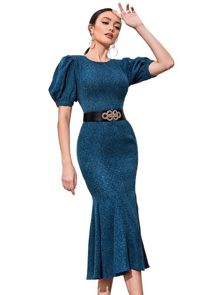 

puff sleeve mermaid hem bodycon dress without belt g9s1#, Black;gray