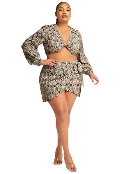 

sxy plus snakeskin print twist hem crop & skirt x7ci#, Black