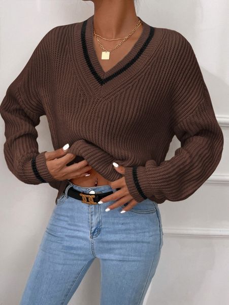 

striped trim drop shoulder cricket sweater 374x#, White;black