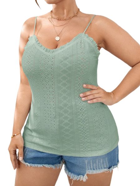 

plus frill trim eyelet embroidery cami l2vz#, Black
