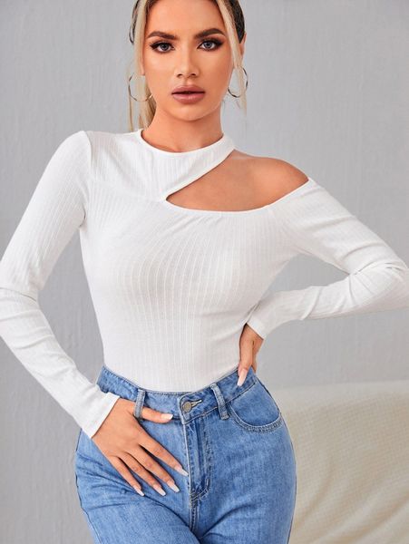 

asymmetrical neck slim tee v258#, White