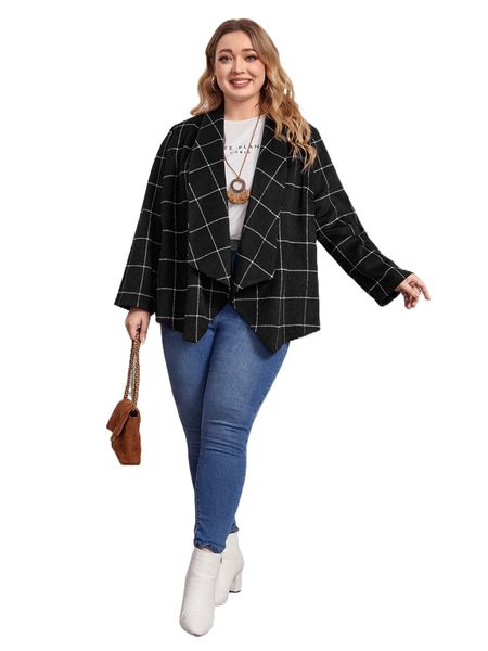 

plus plaid open front asymmetrical hem overcoat m1og#, Black