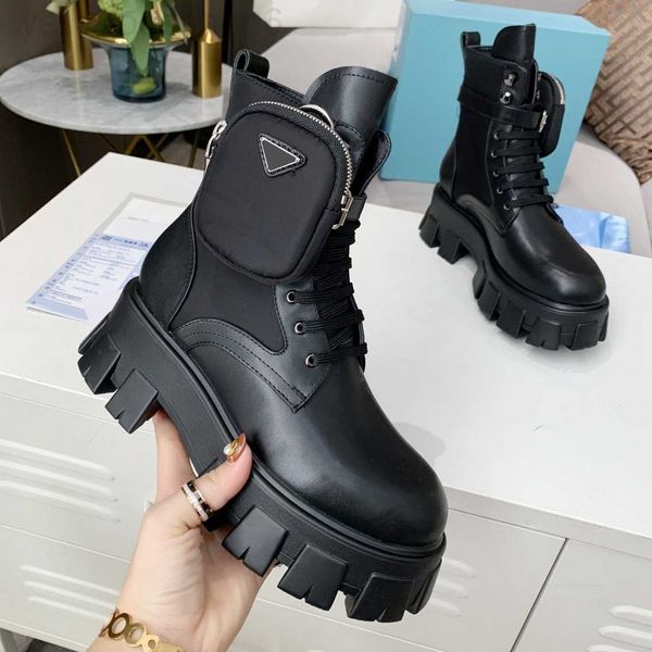 Botas de couro e botas de nylon Designer Moda escovada cinta removível com bolsa de borracha de borracha Boteira LEGA BLANCA BRANCO COMBATO DE POCKETO DE ZIP