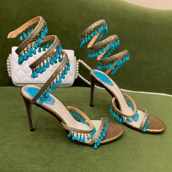 

sandals turquoise rene caovilla luxury crystal lamp pendant rhinestone twining foot ring high heeled designer shoes flash silver, Black