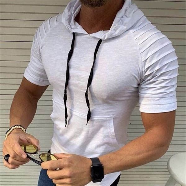 

t shirt men short sleeve hooded tshirts summer autumn sportwear mens clothing sold color slim fit casual gym shirts 220622, White;black