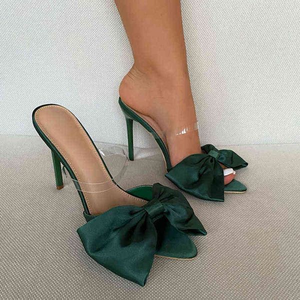 

slippers high heels bow knot women summer 2022 slides sandals pointed slingback flip flops transparent strap party prom shoes 220513, Black