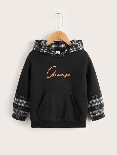 

toddler boys plaid letter graphic kangaroo pocket hoodie she, Black