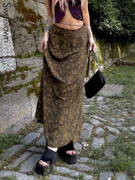 

sweetown vintage floral print kawaii y2k midi skirts preppy style low waist faldas fairycore aesthetic brown long skirt 220620, Black