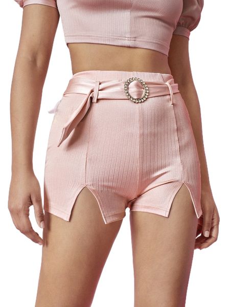 

rhinestone ring belted m-slit hem shorts 56dc#, White;black