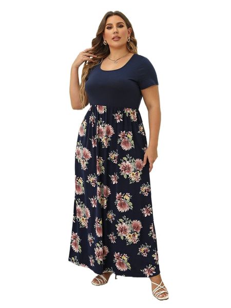 

plus floral print a-line dress c6ud#, Black