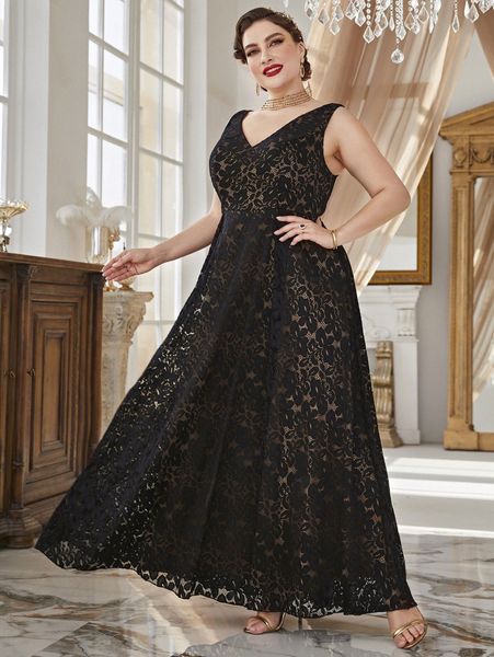 

plus high waist floral lace dress i615#, Black