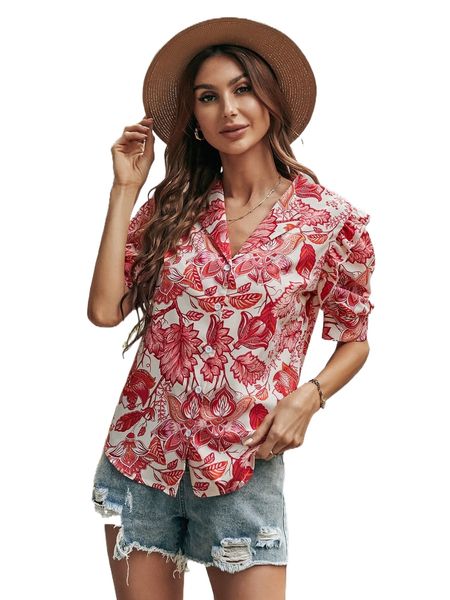 

f.loral p.rint r.uffle trim b.utton f.ront b.louse v7zm#, White