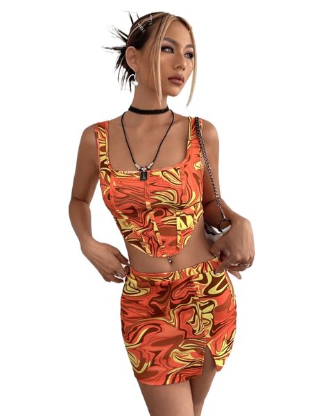 

allover print zipper backless crop tank & split skirt o5hu#, White