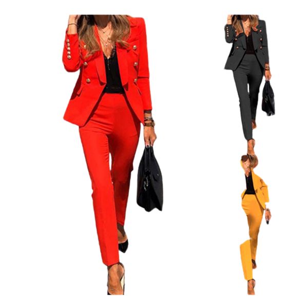 

multicolor blazers sets for women long sleeve cardigan lapel neck single breasted slim pants 2 piece suit 1180, White;black