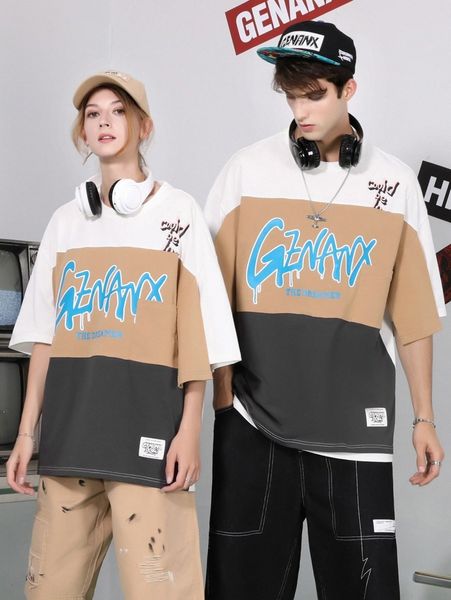 

1pc slogan & building print colorblock letter patched drop shoulder tee j7hp#, White;black
