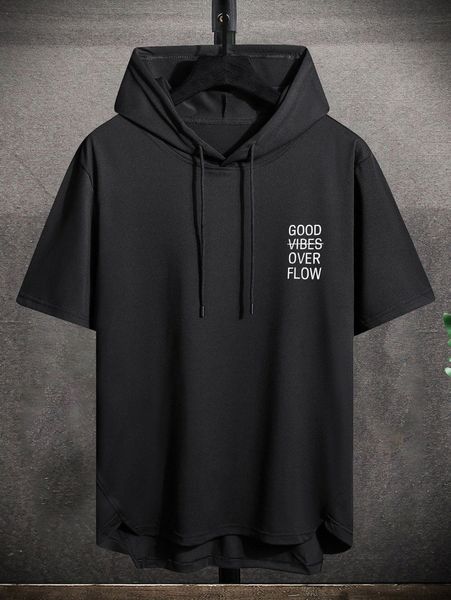 

men letter graphic drawstring hooded tee x6ls#, White;black