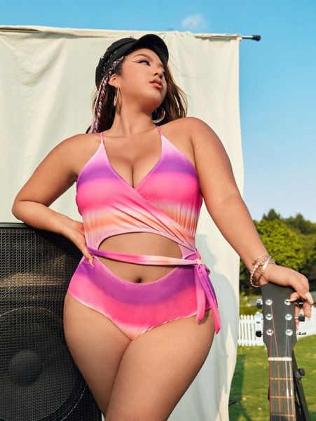 

plus ombre knot side one piece swimsuit 42aw#, White;black