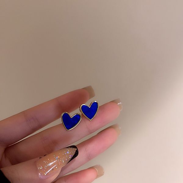 

925 silver needle love heart stud earrings korean fresh blue salt series girly heart-shaped earrings simple graceful petite eardrop, Golden