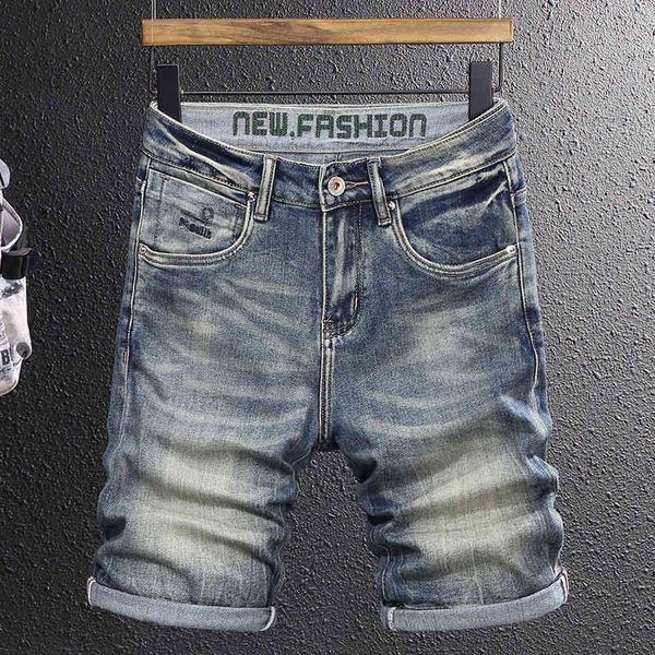 

men's jeans fashion brand korean slim fitting denim shorts men's summer thin distressed cat whisker printed cropped pants youth el, Blue