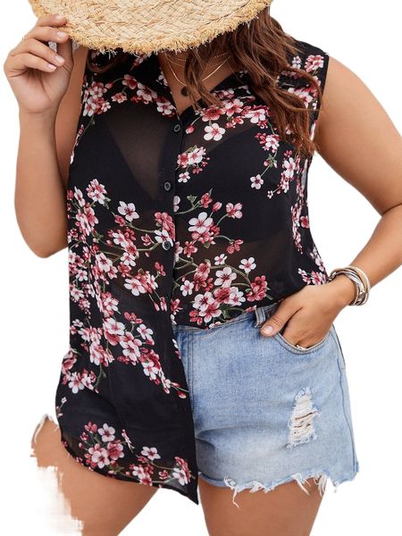 

plus floral print button front blouse d0ps#, Black