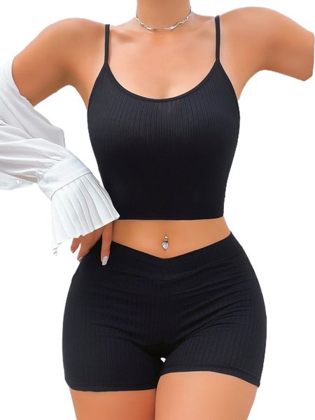 

solid rib-knit boyshorts lingerie set e4es#, Black;red