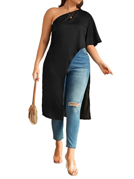 

plus one shoulder asymmetrical hem blouse o1ka#, Black
