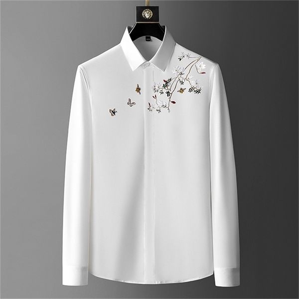 

brand embroidery men's shirt autumn long sleeve casual business dress shirt slim streetwear social tuxedo men clothing 220401, White;black