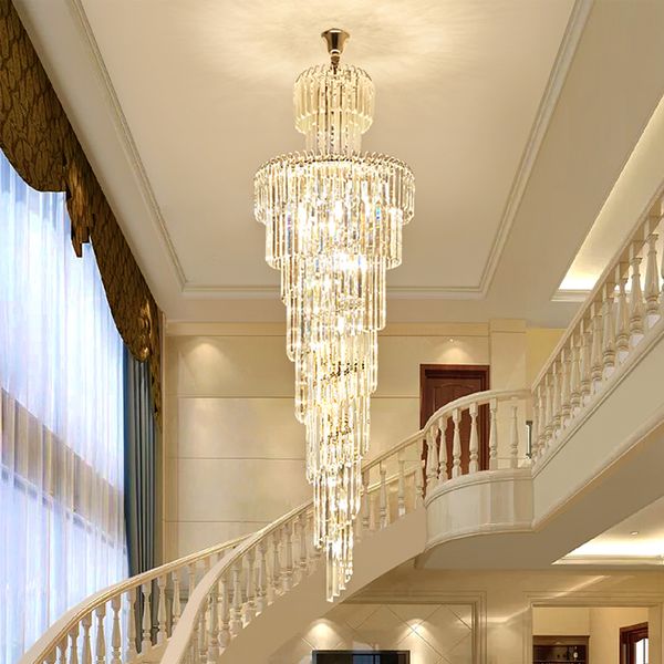 Projetar grandes tetos decorativos altos sala de estar cromo lâmpada de lâmpada espiral lng lustre de cristal de luxo moderno