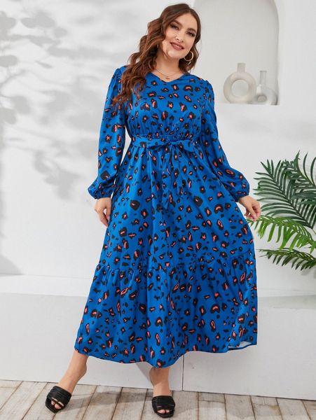

plus allover print lantern sleeve belted dress w8ts#, Black