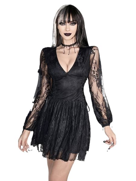 

lace insert lantern sleeve lace up side mesh dress 76z4#, Black;gray