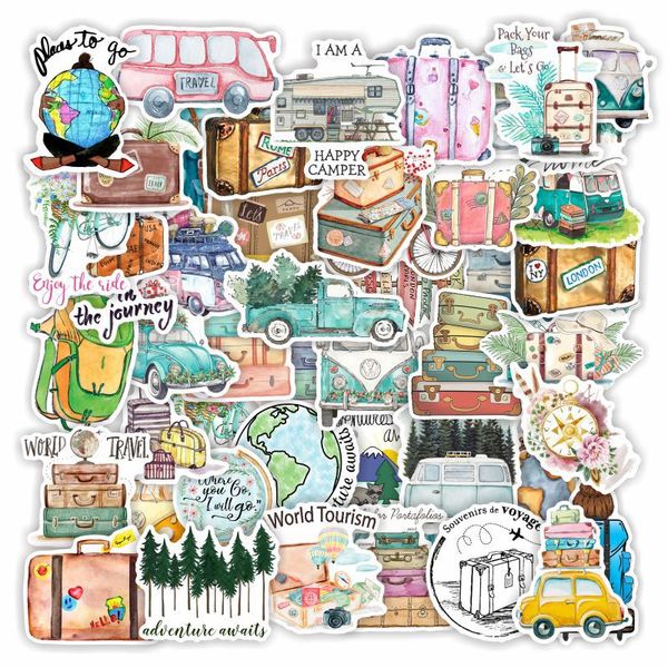 

50pcs colorful road trip nature travel sticker watercolor style outdoor travel graffiti stickers for diy luggage lapskateboard motorcycle bi