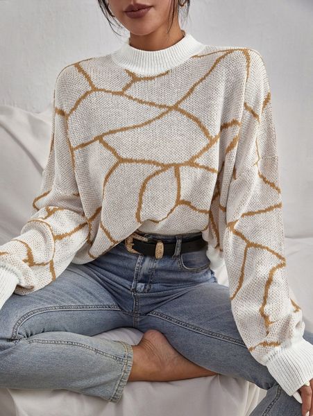 

graphic pattern mock neck drop shoulder sweater y1hi#, White;black