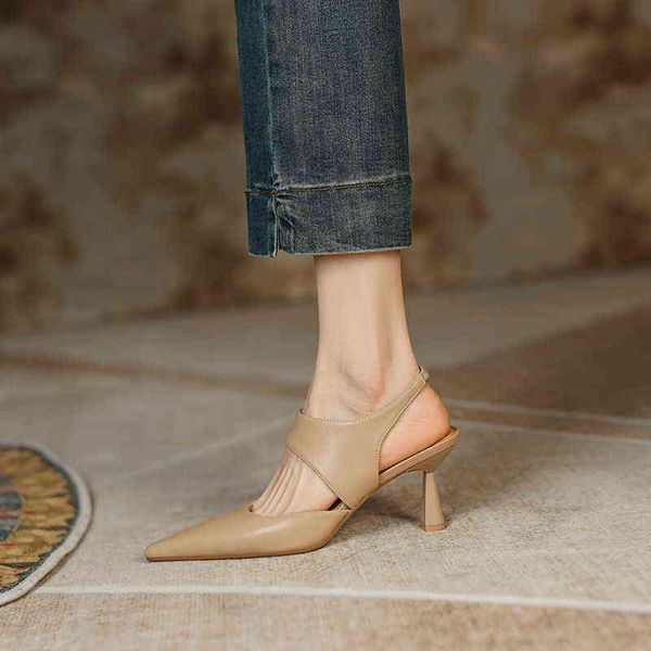 Şık yeni Fransız minimalist sırt boş stiletto ayak parmağı kadın yüksek topuk sandaletler sivri uçlu Roma tarzı düz renkli kadın ayakkabıları g220527