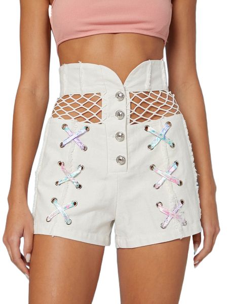 

x ji yeon lee fishnet mesh button-up frayed shorts x6zl#, White;black