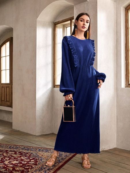 

ruffle trim bishop sleeve dress e7ev#, Black;gray