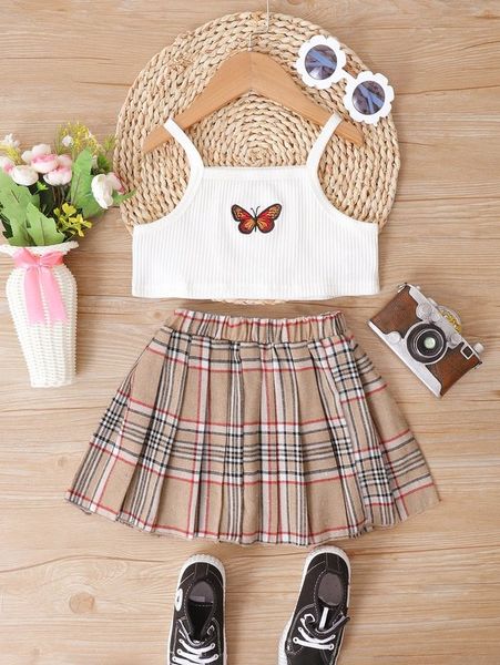 

little girl's butterfly embroidered suspender and plaid pleated skirt she, White