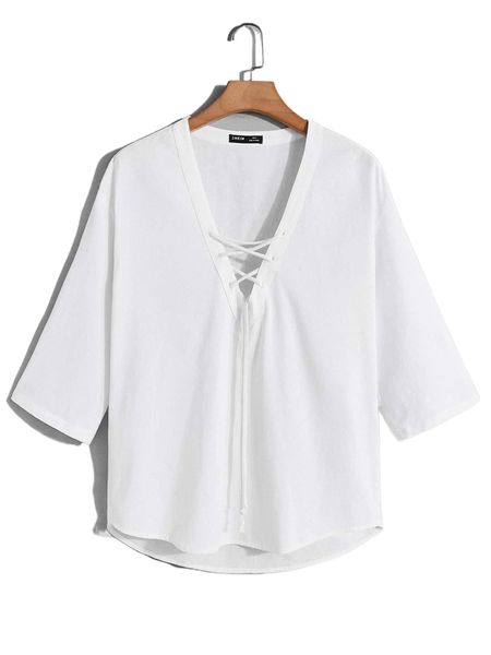 

men lace up knot curved hem shirt p7gy#, White;black