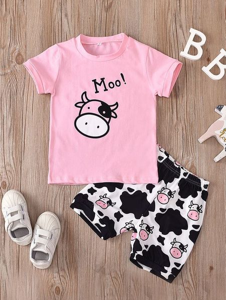 Kleinkind Mädchen T-Shirt-Shorts-Set mit Kuh-Print SHE