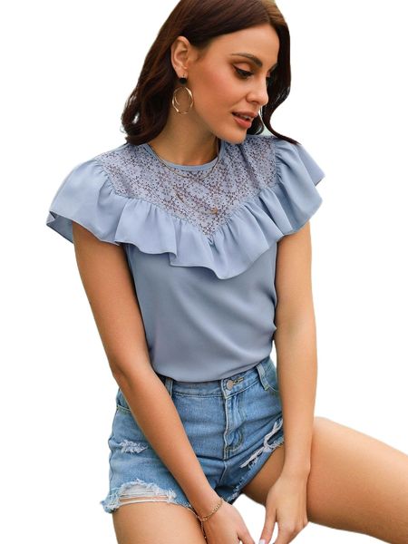 

contrast lace ruffle trim blouse p18w#, White