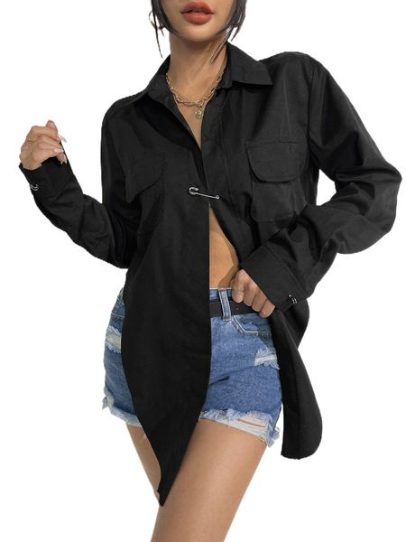 

pin detail flap pocket asymmetrical hem shirt c63f#, White
