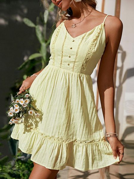 Vestidos casuais jastie boho simples mini vestido feminino de verão algodão V de pescoço de pescoço alta cintura amarelo vestidos elegante praia chique dres